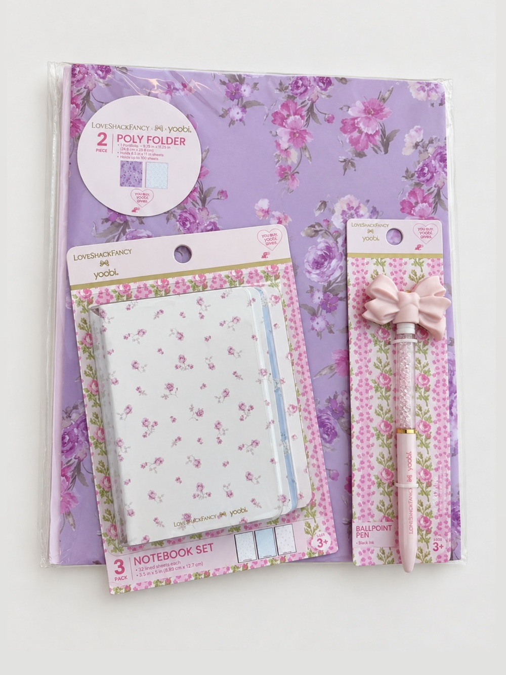 LoveShackFancy Poly Folders 2 pack, Mini Journals, Pink Bow Pen Set